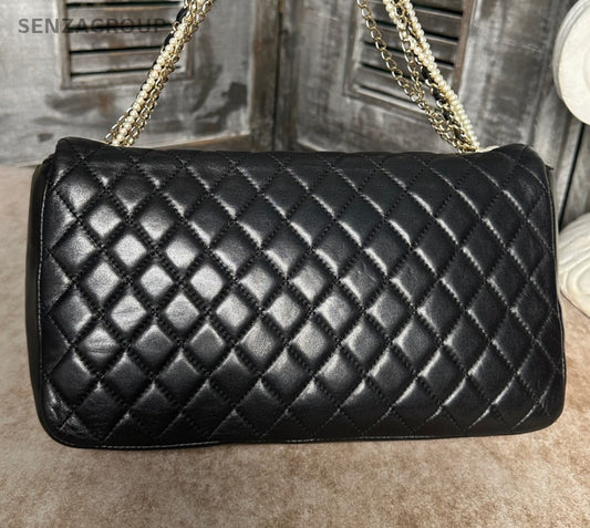 Chanel Classic Flap Lambskin Pearl Chain Shoulder Bag Black Gold Diamond Women