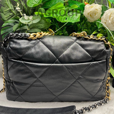 Chanel 19 Medium Quilted Lambskin Shoulder Crossbody Bag Black Gold