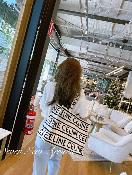 CELINE Tote Black and white letter print Canvas Shoulder Handbag Women