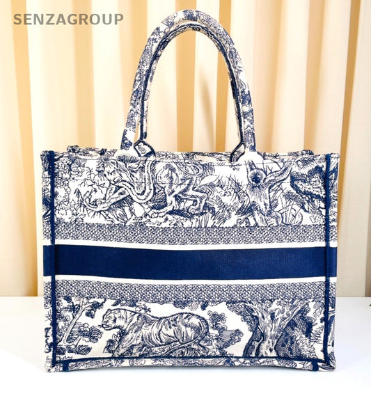 Christian Dior Book Tote Blue Zoo Tote Top Handle Shoulder Bag Women Blue