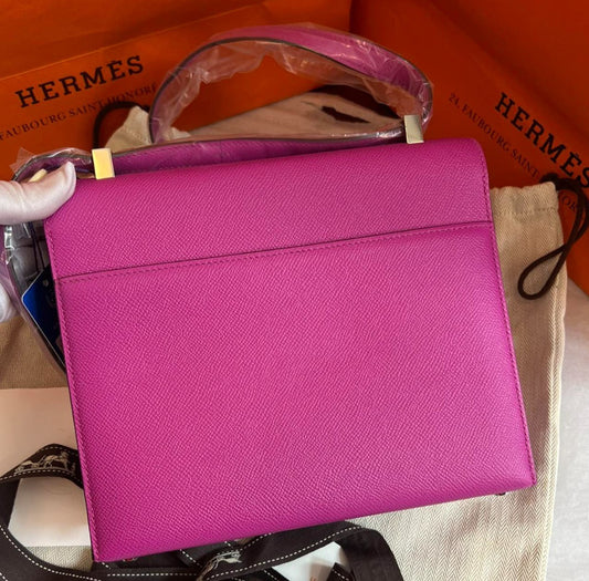 Hermes Verrou23 Epsom Leather Pink Silver Shoulder Bag Women Classic Fashion