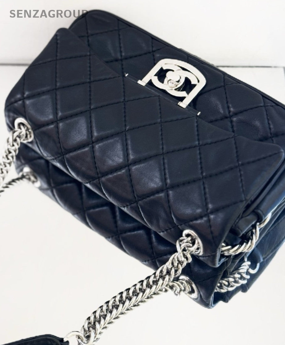 Chanel CF Edinburgh Lambskin Shoulder Bag Black Silver Women