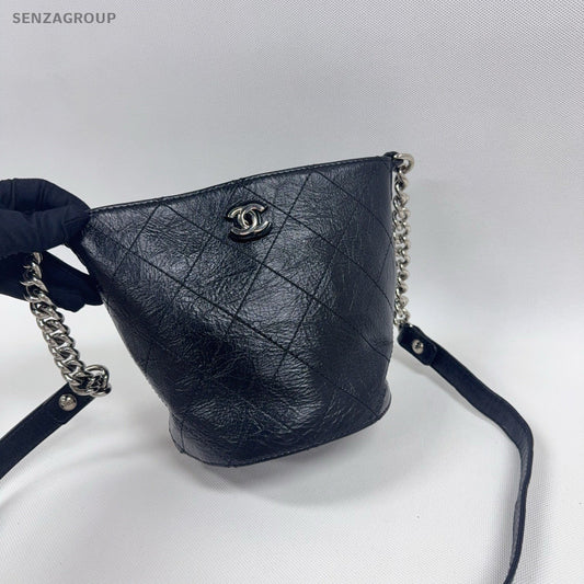 CHANEL Bucket Oil wax leather Chain Shoulder bag Crossbody Black Silver Women