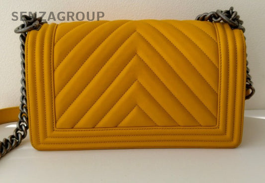 Chanel Leboy MM Lambskin Chain Shoulder Bag Yellow Silver Used Women Classic