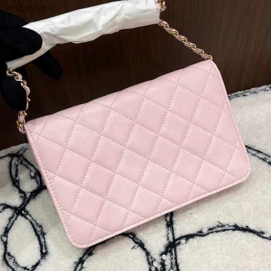 Chanel 22S WOC Calfskin Chain Shoulder Bag Crossbody Pink Gold Women