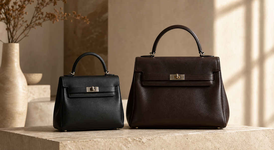 Two unbranded leather top-handle handbags in compact and medium sizes on a warm stone surface, illustrating a luxury bag size comparison.