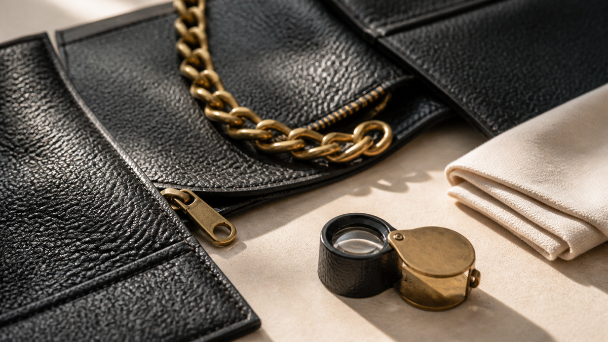 Unbranded black leather, gold-tone chain, zipper, loupe, and cloth arranged for a pre-owned backpack inspection guide