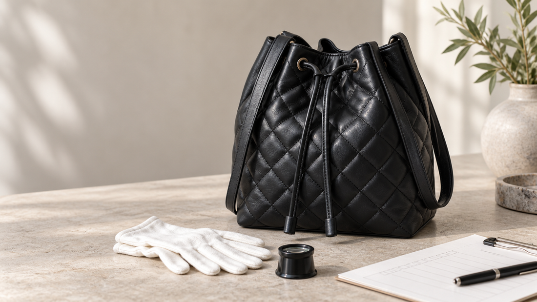 Generic black drawstring handbag on an inspection table with a loupe and gloves