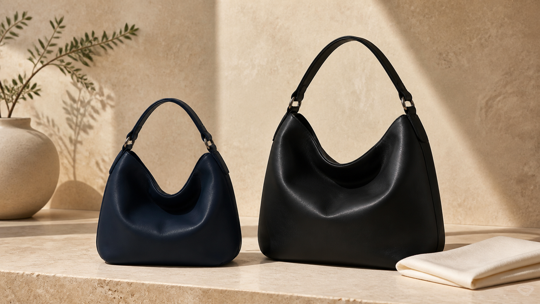 Logo-free editorial image of two anonymous hobo bags in compact and small proportions, illustrating a pre-owned handbag size comparison.