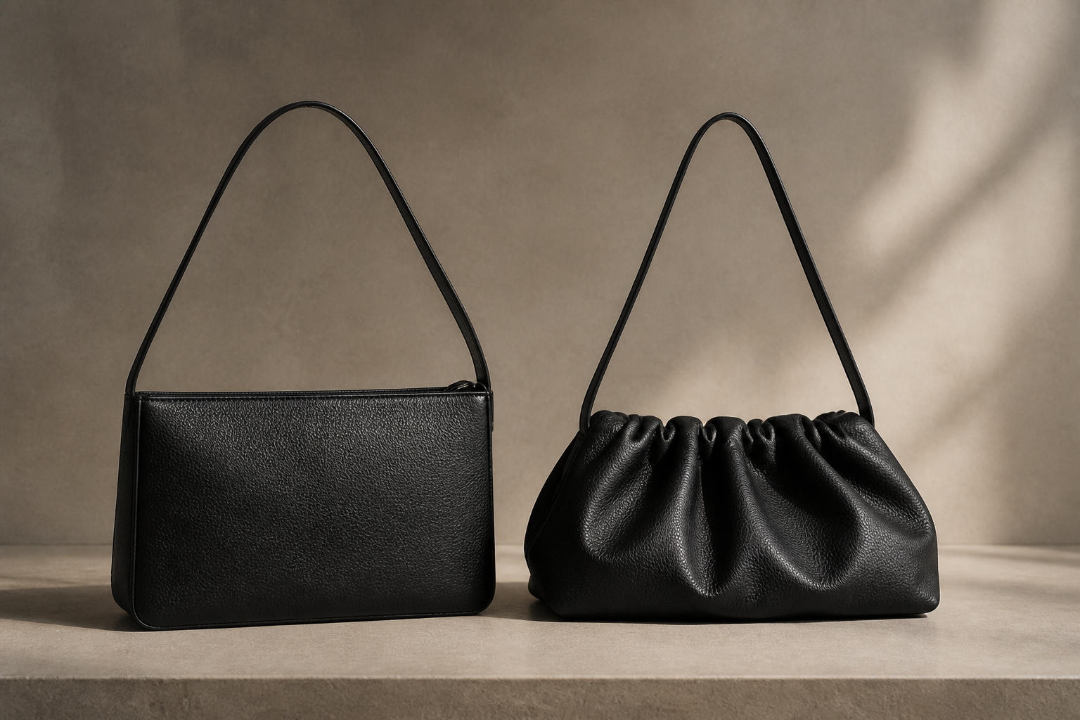 Two unbranded black leather shoulder bags with different relaxed shapes, illustrating a pre-owned handbag comparison.