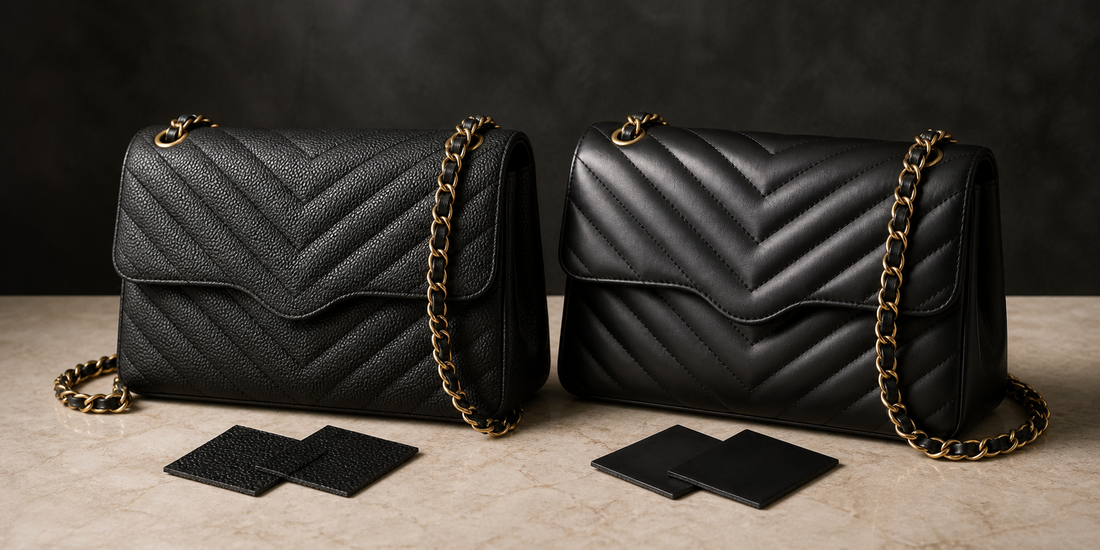Editorial comparison of anonymous pebble-grain and smooth quilted leather shoulder bags with leather swatches