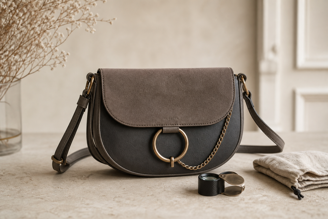 Logo-free editorial still life of an anonymous suede-and-leather flap shoulder bag with circular hardware, a loupe, and dust pouch.