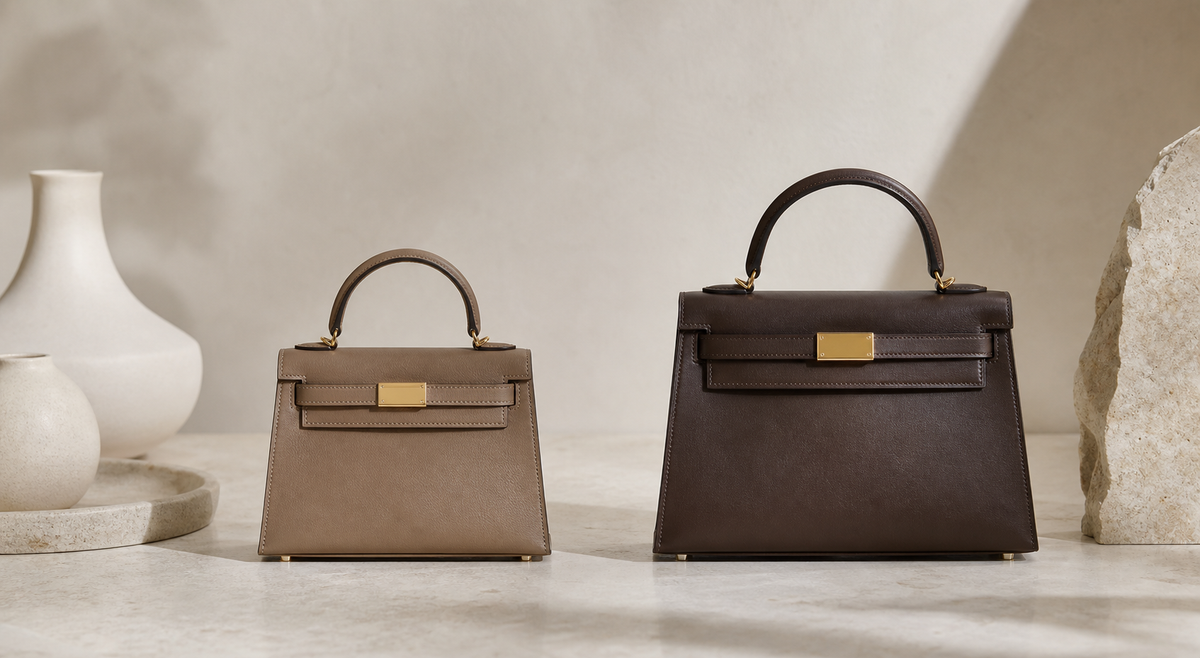 Two unbranded structured leather top-handle handbags in smaller and larger formats, arranged for a size comparison.