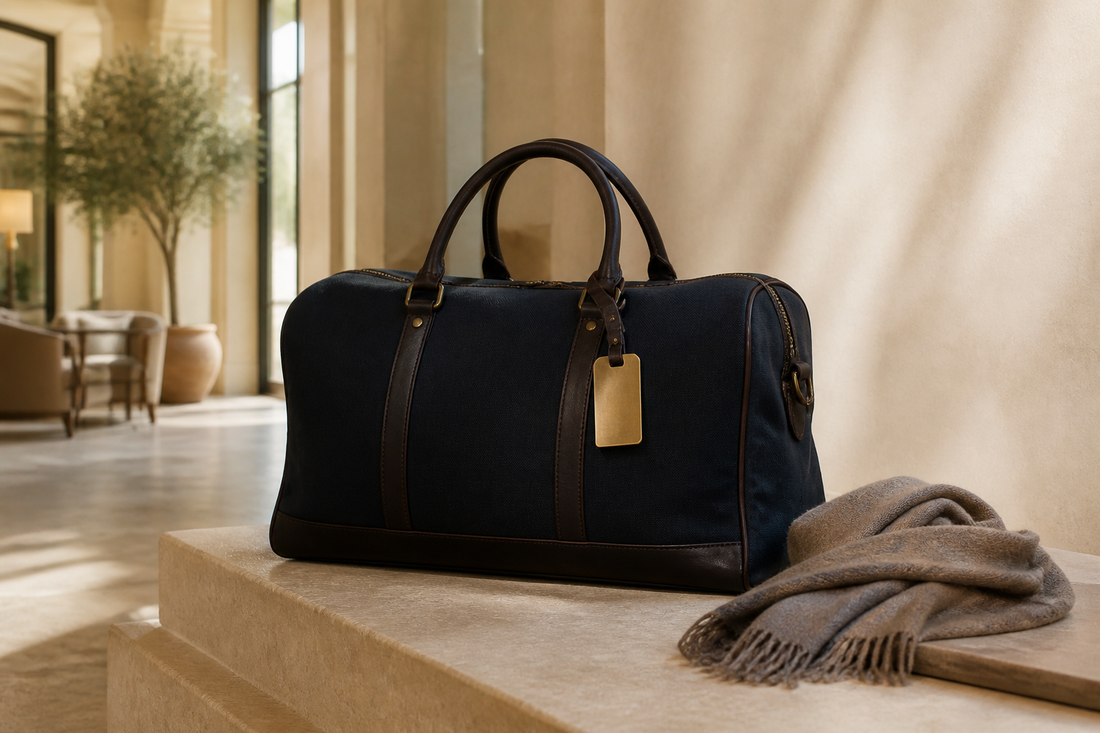 Logo-free editorial still life of a dark navy structured travel bag with leather trim