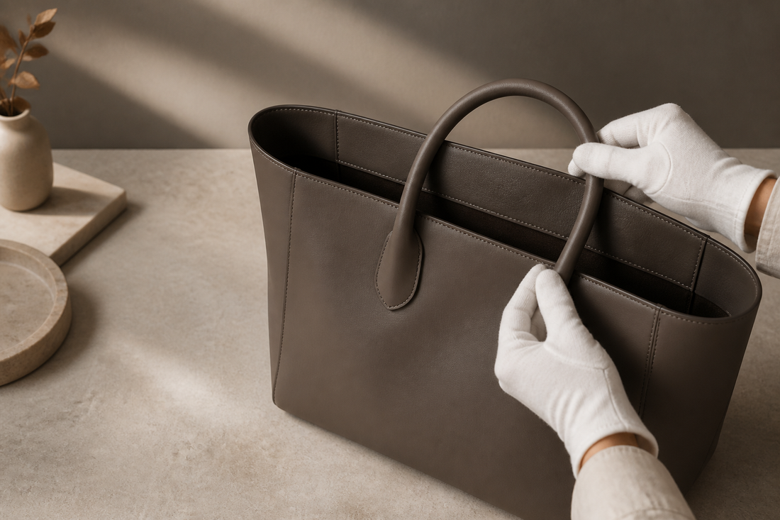 Unbranded leather tote being inspected with cotton gloves on a neutral table