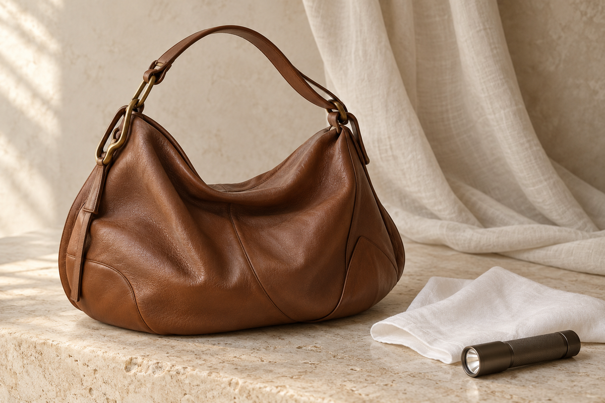Logo-free editorial still life of an unbranded soft leather shoulder bag with an inspection cloth and flashlight