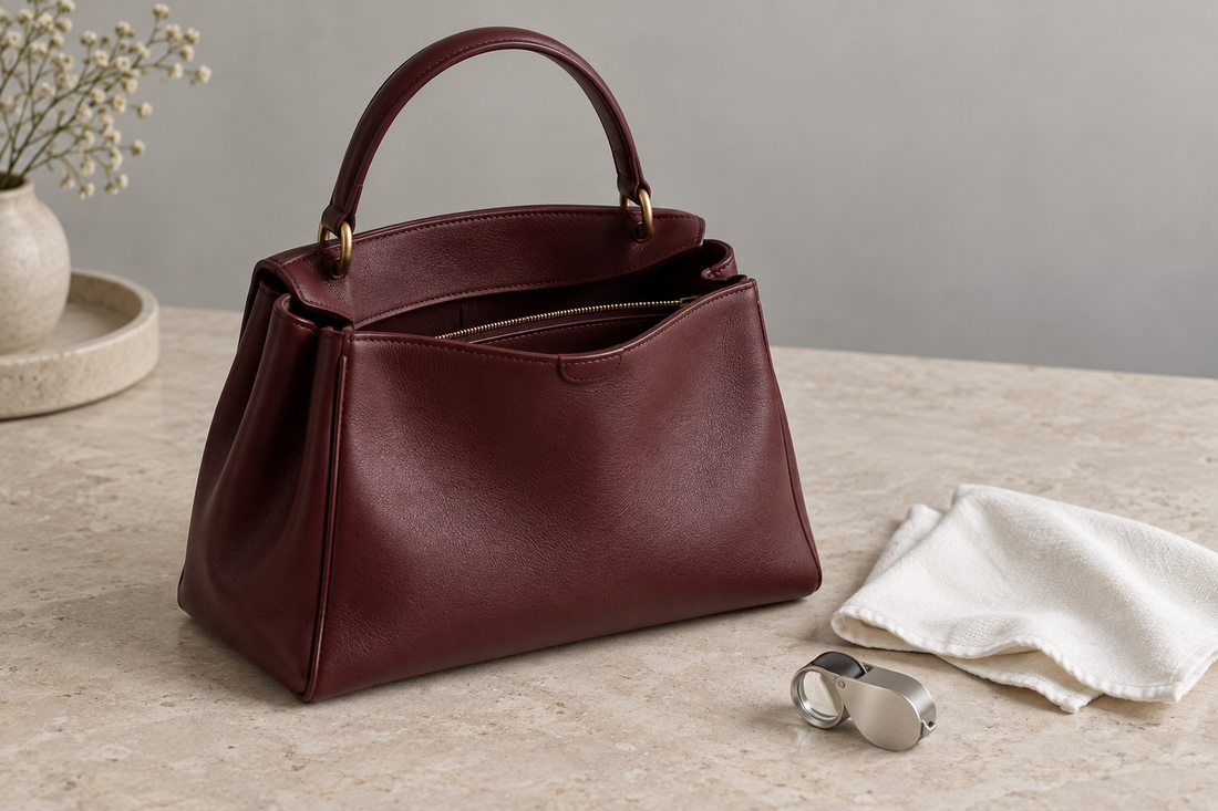 Unbranded oxblood leather top-handle handbag with inspection cloth and loupe