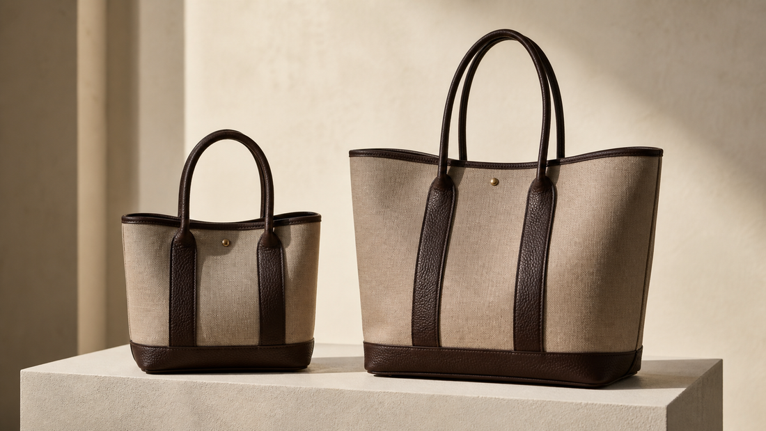 Editorial comparison of two unbranded neutral tote silhouettes in compact and roomy proportions