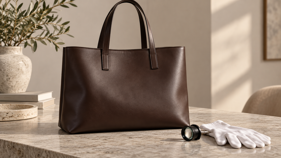 Generic smooth brown leather tote beside inspection gloves and a magnifying loupe