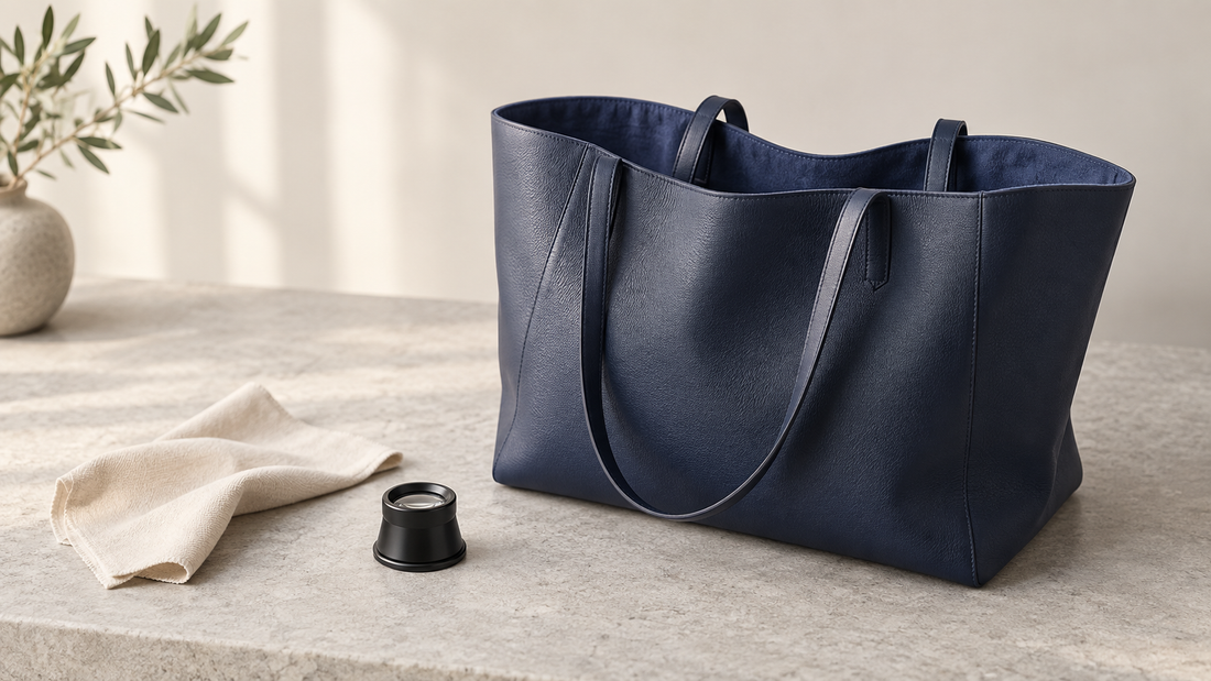 Unbranded navy tote on a stone surface with an inspection cloth and magnifier