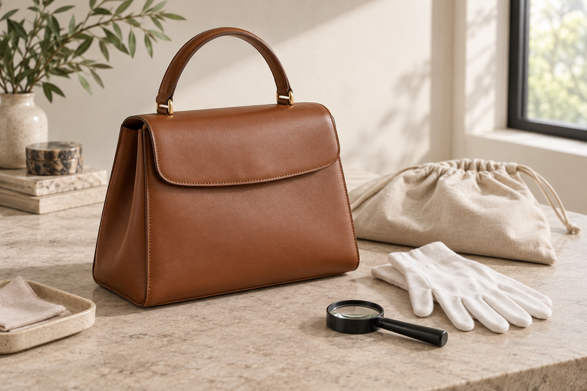 Unbranded caramel leather handbag on a neutral inspection table with gloves and magnifying loupe