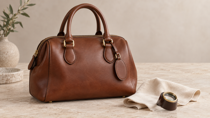 Logo-free editorial still life of a generic brown leather satchel with a magnifying loupe and soft inspection cloth.