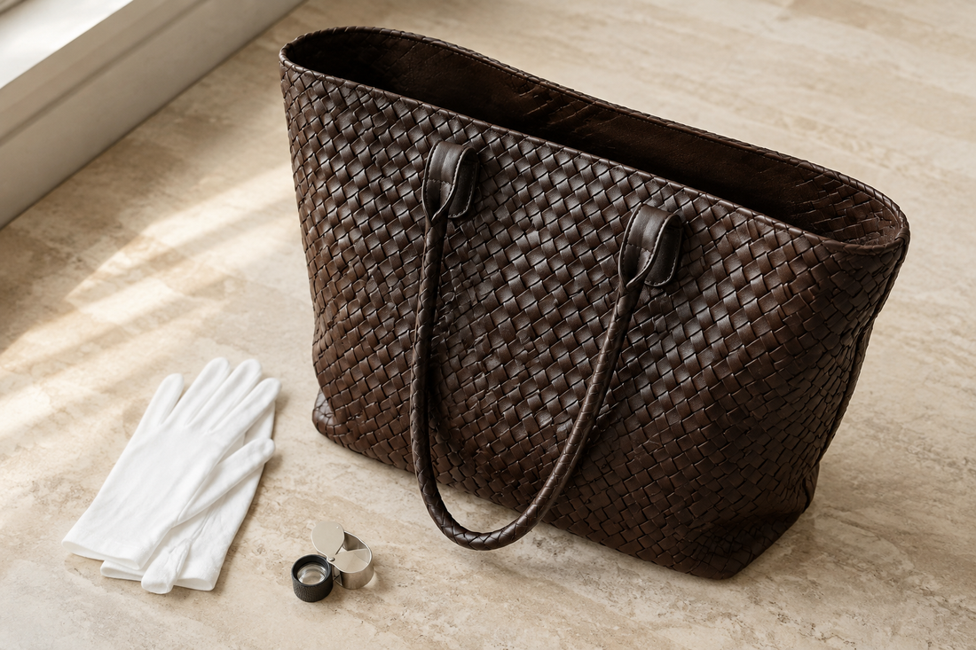 Unbranded woven leather tote beside white gloves and a jeweler's loupe for a pre-owned handbag inspection guide
