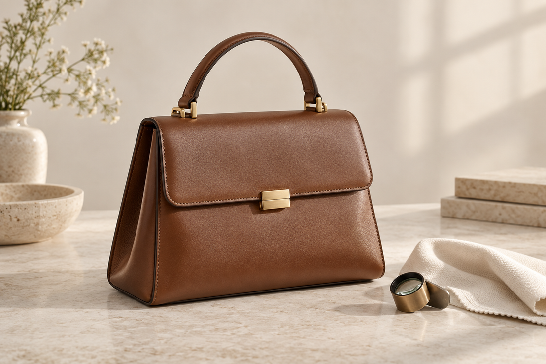 Logo-free editorial still life of a generic chestnut-brown structured leather handbag with an inspection loupe