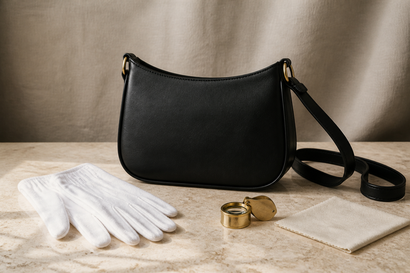 Unbranded black leather shoulder bag with white gloves and a magnifier on a stone surface for a pre-owned handbag inspection guide.