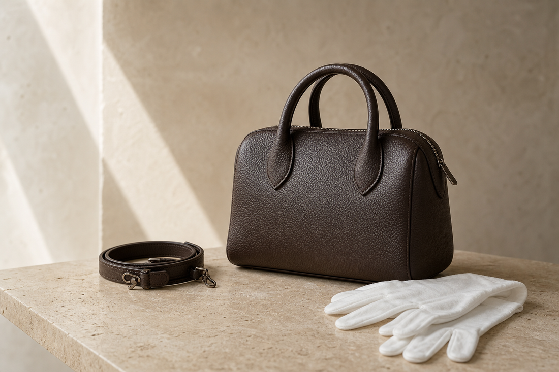 Logo-free editorial image of a generic brown leather satchel with inspection gloves for a pre-owned structured handbag buying guide