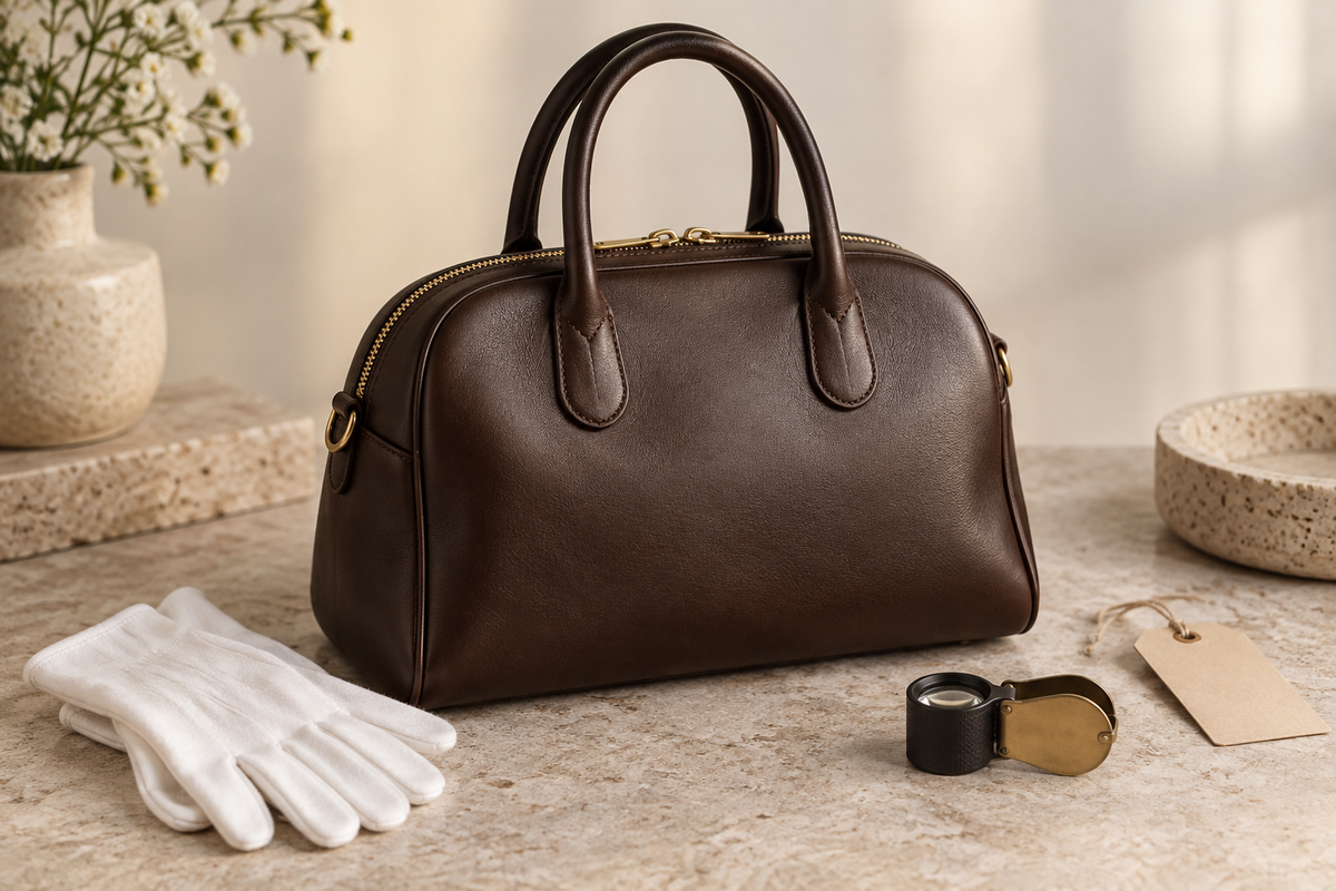 Generic espresso leather bowling bag with inspection gloves and loupe on a warm stone surface