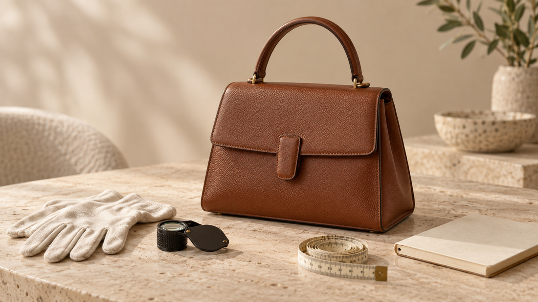 Unbranded structured brown leather handbag with inspection tools on a stone table