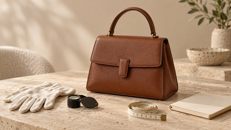 Unbranded structured brown leather handbag with inspection tools on a stone table