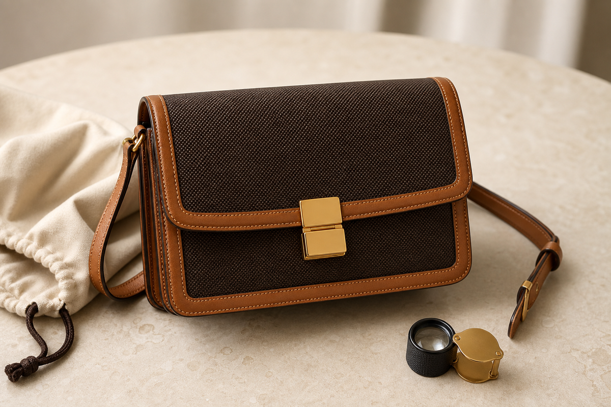 Unbranded structured brown crossbody bag with a dust bag and jeweler's loupe on a stone table