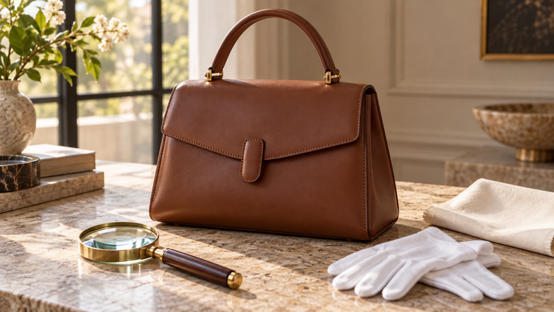 Unbranded brown leather handbag with magnifier and gloves for a pre-owned condition inspection