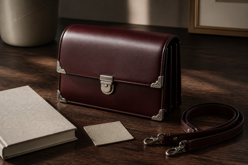 Unbranded burgundy structured leather crossbody bag with silver-toned corners on a walnut table beside a notebook and leather swatch