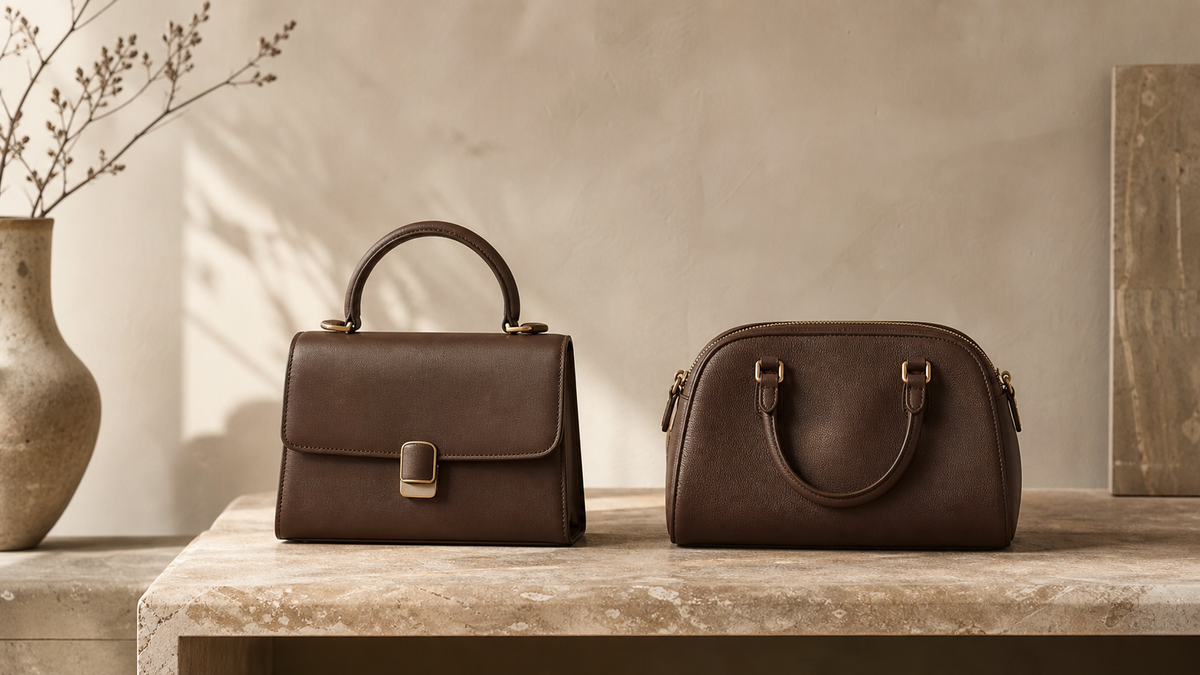Two unbranded brown leather handbags in structured and rounded silhouettes on a warm stone tabletop