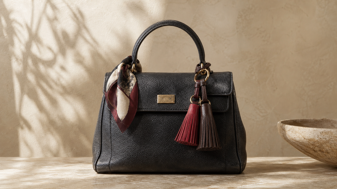 Logo-free black leather handbag styled with removable tassels and a silk scarf for a pre-owned luxury bag charm guide.