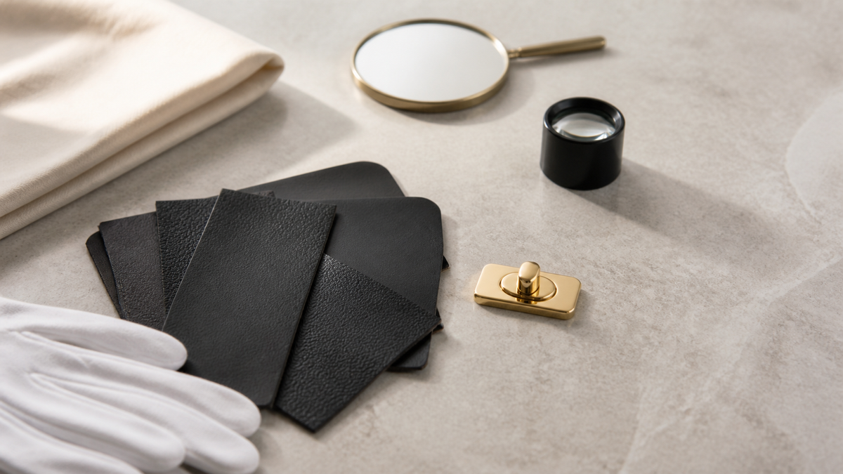 Generic leather and hardware inspection tools on a neutral tabletop