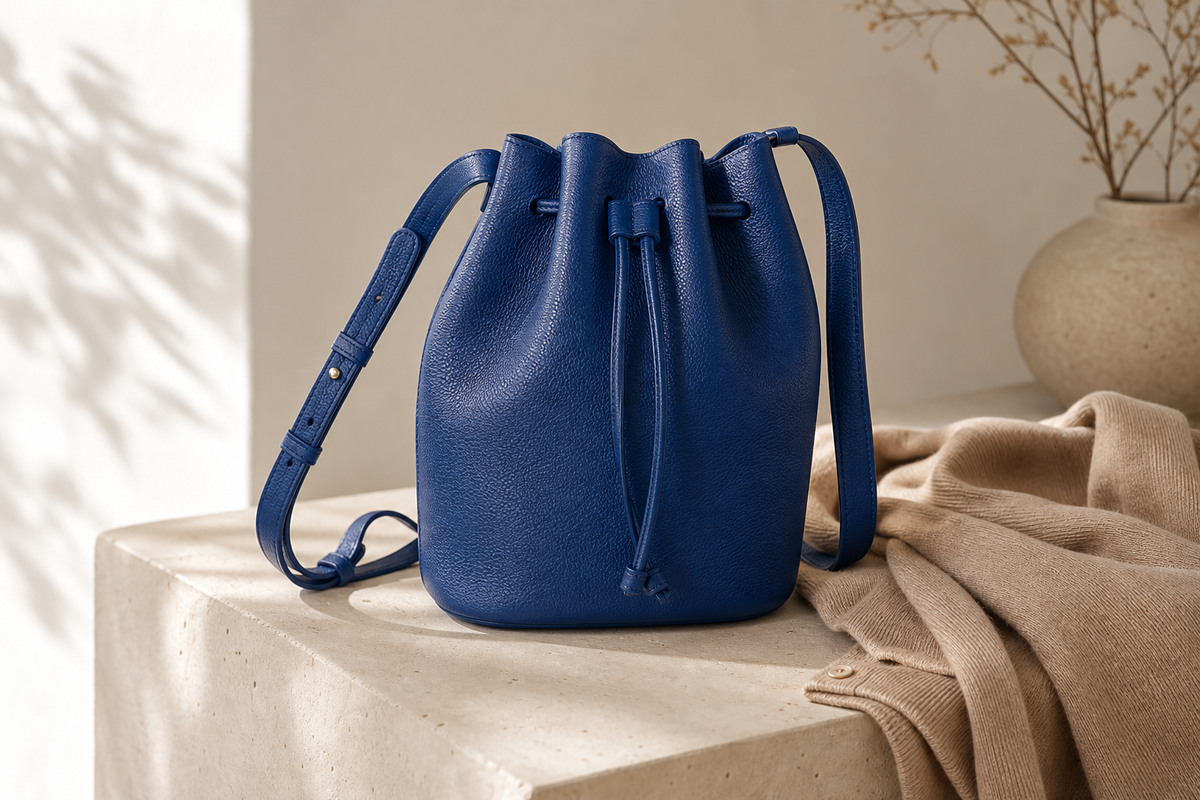 Unbranded cobalt blue leather bucket bag with drawstring closure on a pale stone surface