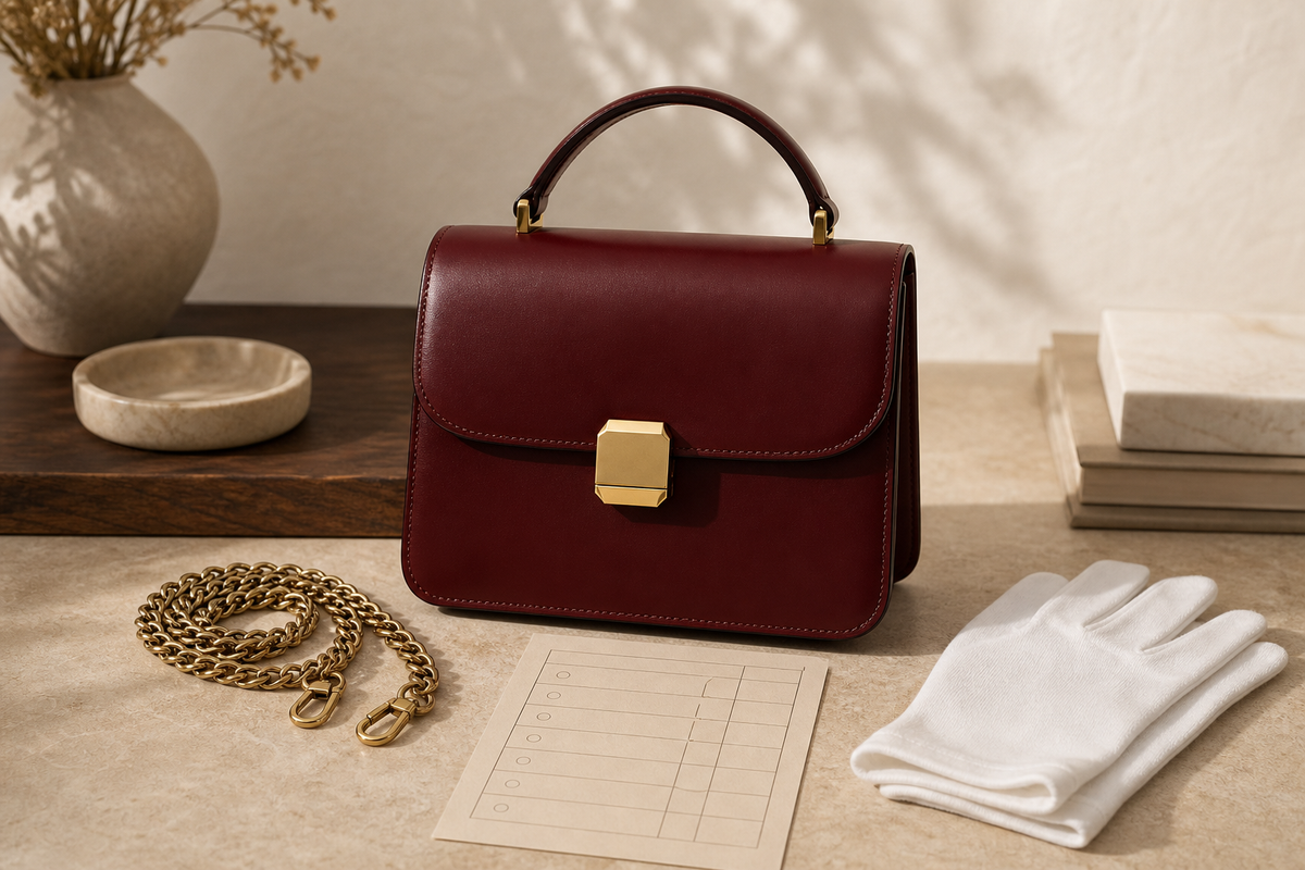 Logo-free editorial still life of an anonymous burgundy structured leather flap bag with a gold-tone clasp, chain strap, inspection gloves, and condition checklist.