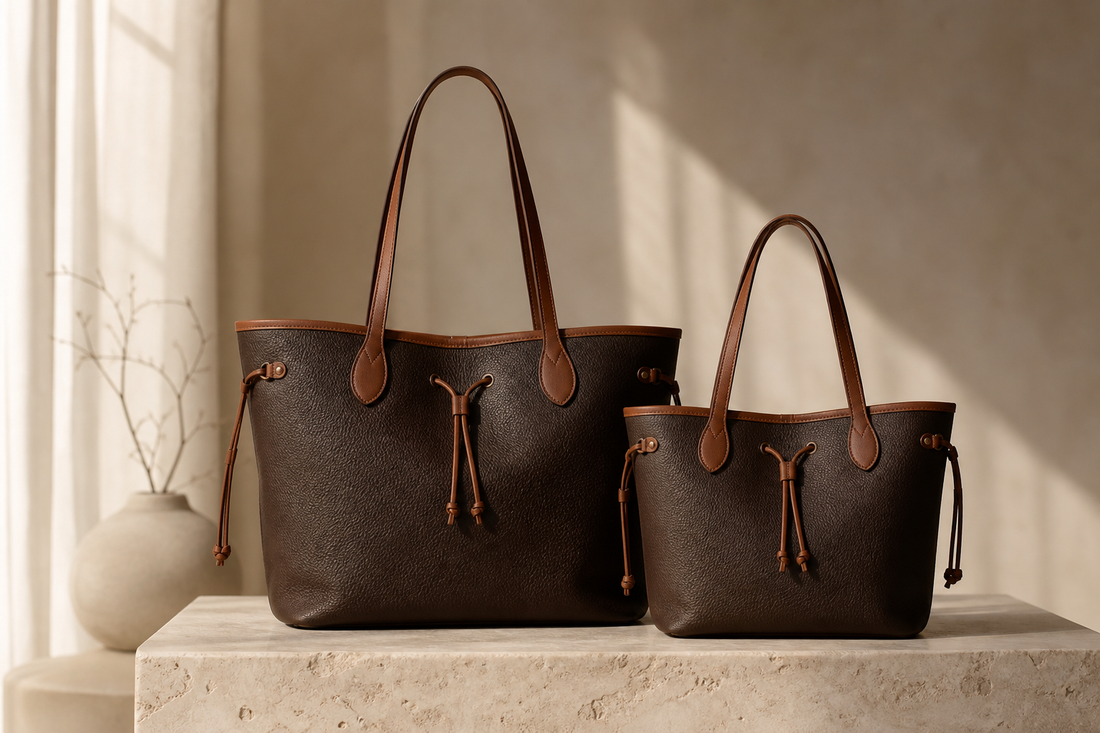 Two unbranded brown leather tote bags in medium and small sizes on a stone pedestal, illustrating a pre-owned CarryAll size comparison.