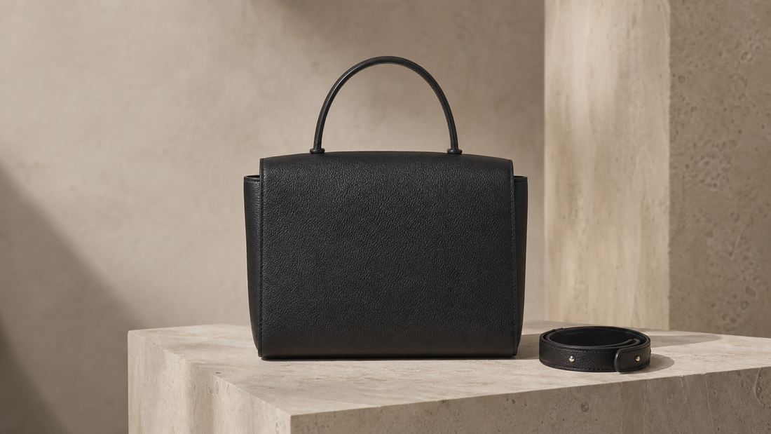 Anonymous black structured leather top-handle satchel on a warm limestone pedestal, illustrating a pre-owned luxury handbag buying guide.