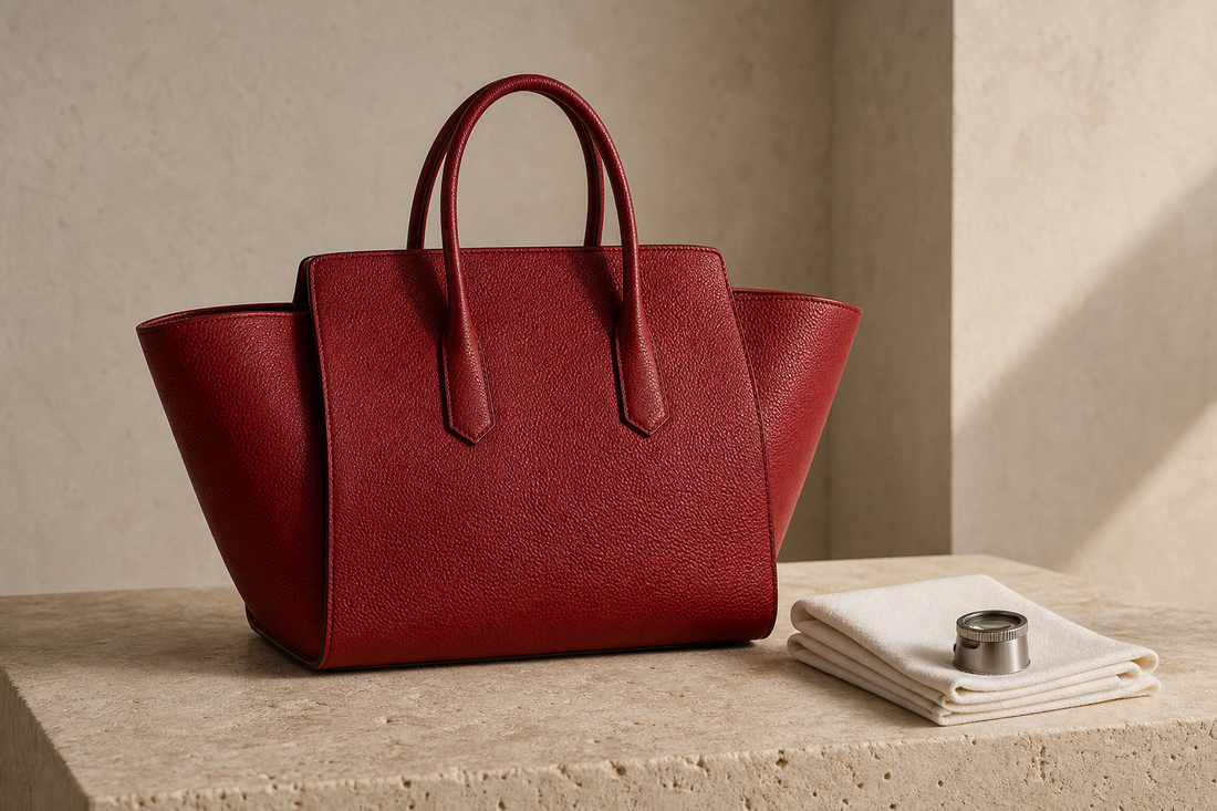 Unbranded red structured leather tote on warm stone beside an inspection cloth and magnifying loupe