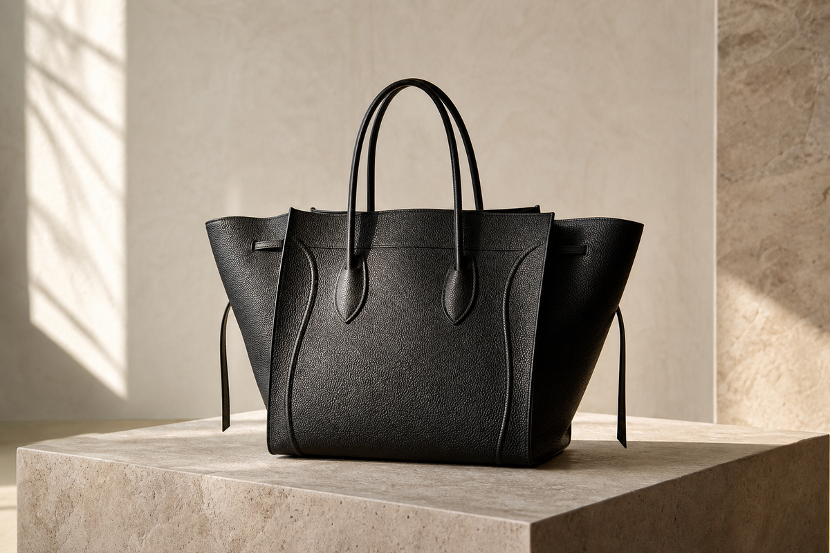Logo-free black pebbled leather tote with wide side panels in a sunlit luxury resale editorial setting