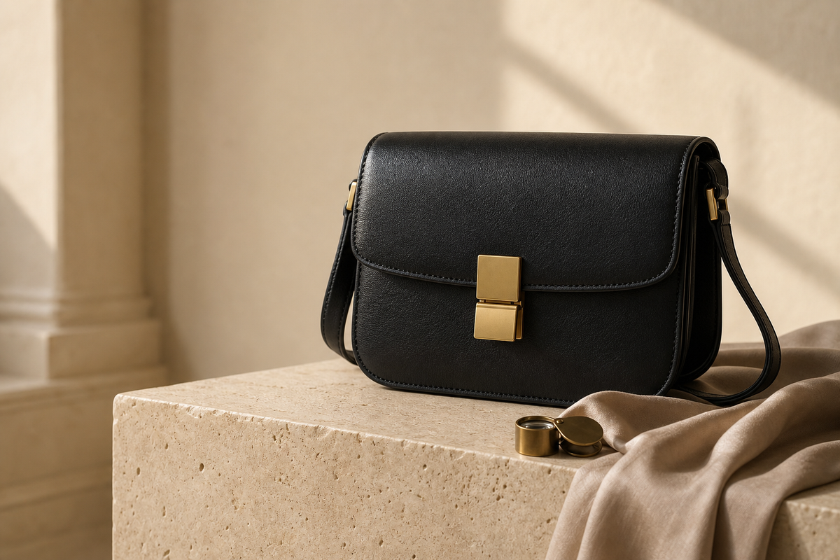 Anonymous black structured shoulder bag with a plain gold clasp on a limestone pedestal, illustrating a pre-owned Celine Triomphe buying guide.