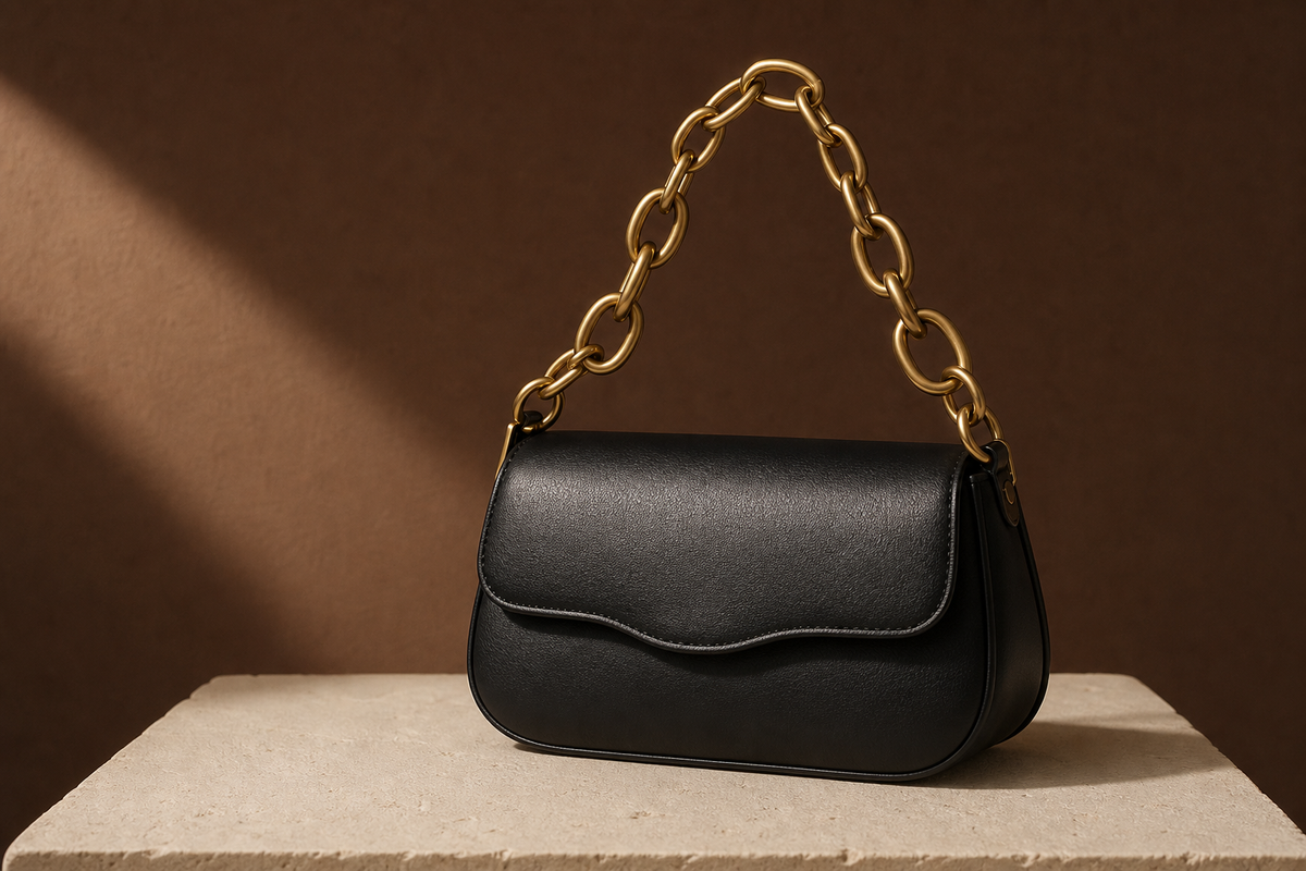 Editorial black leather chain-handle bag with no visible branding
