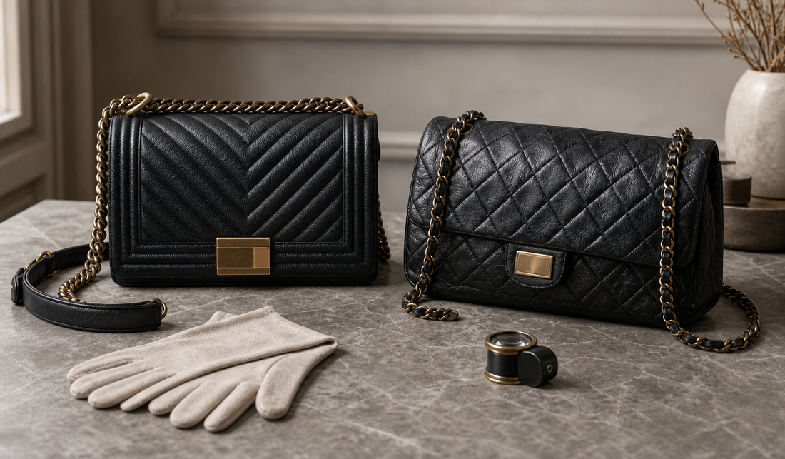 Logo-free editorial still life of two anonymous black quilted leather shoulder bags with inspection gloves for a pre-owned flap-bag comparison guide