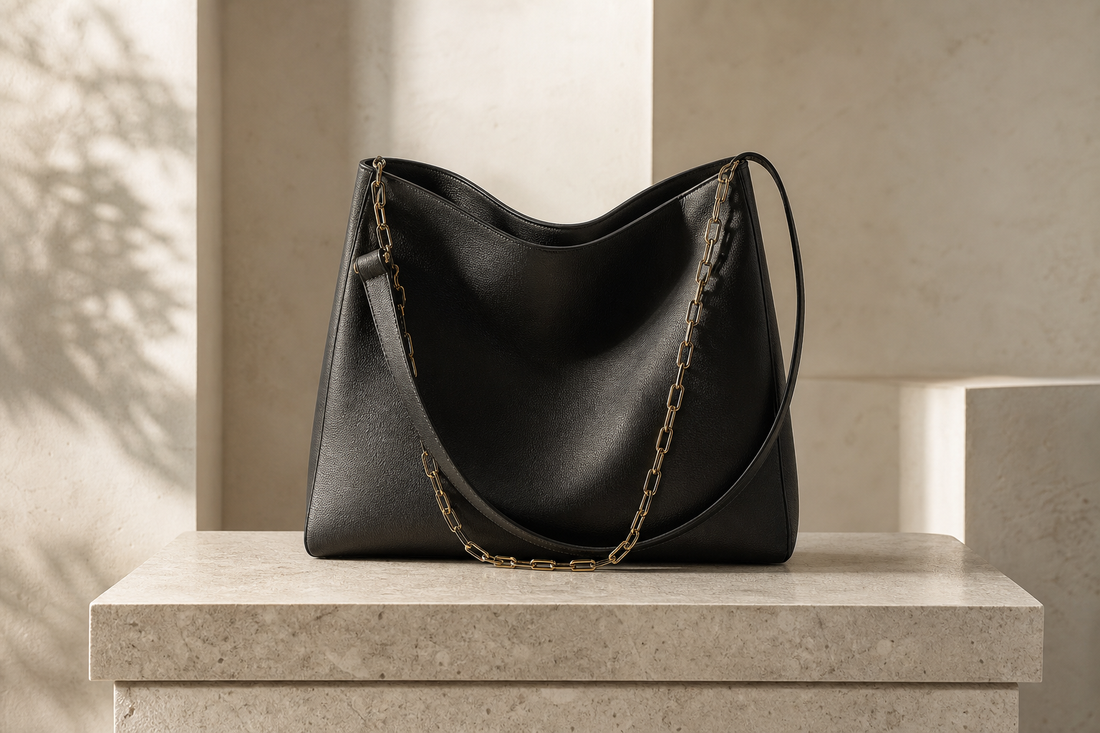 Editorial still life of an unbranded folded leather tote with shoulder and chain-style straps on a neutral stone pedestal