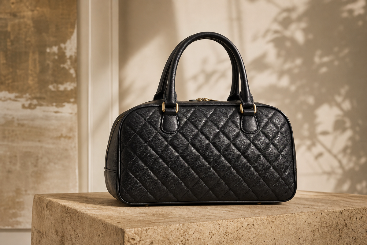 Unbranded black quilted bowling bag in a refined resale editorial setting
